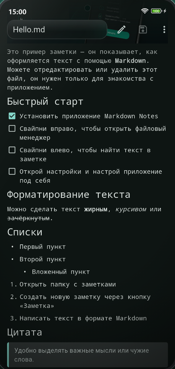 Предпросмотр заметки в формате Markdown в приложении Markdown Notes